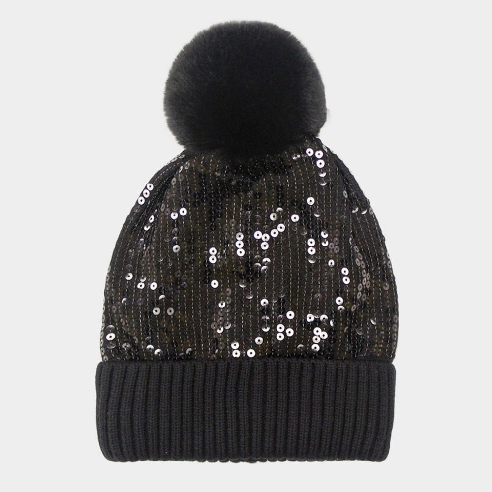 Black Metallic Sequin Fur Pom Pom Style Winter Beanie Hat Cute Fashion Accessory